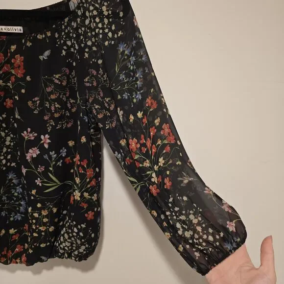 Alice + Olivia Floral Garden Top Size XS Butterfly Spring Blouse Peasant Designe - Picture 3 of 11